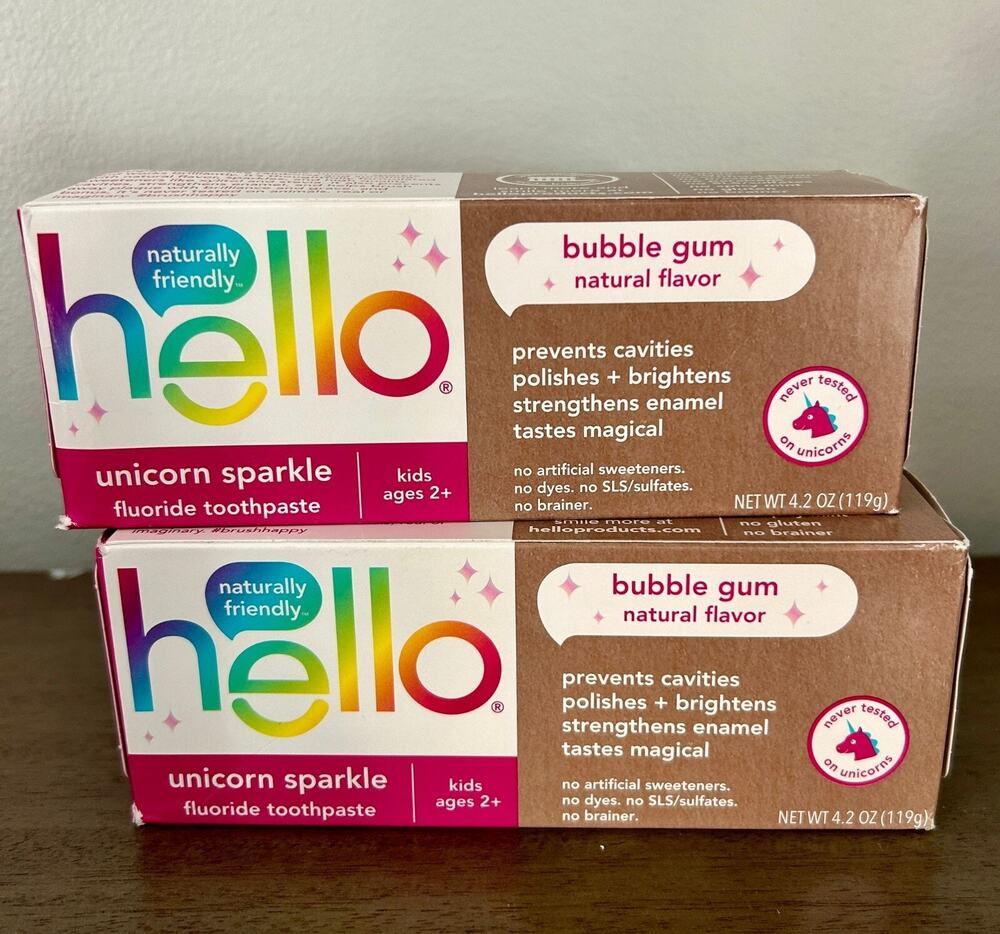 2 PACK + Gift Hello Kids Fluoride Toothpaste, Vegan, Unicorn Sparkle Bubble Gum